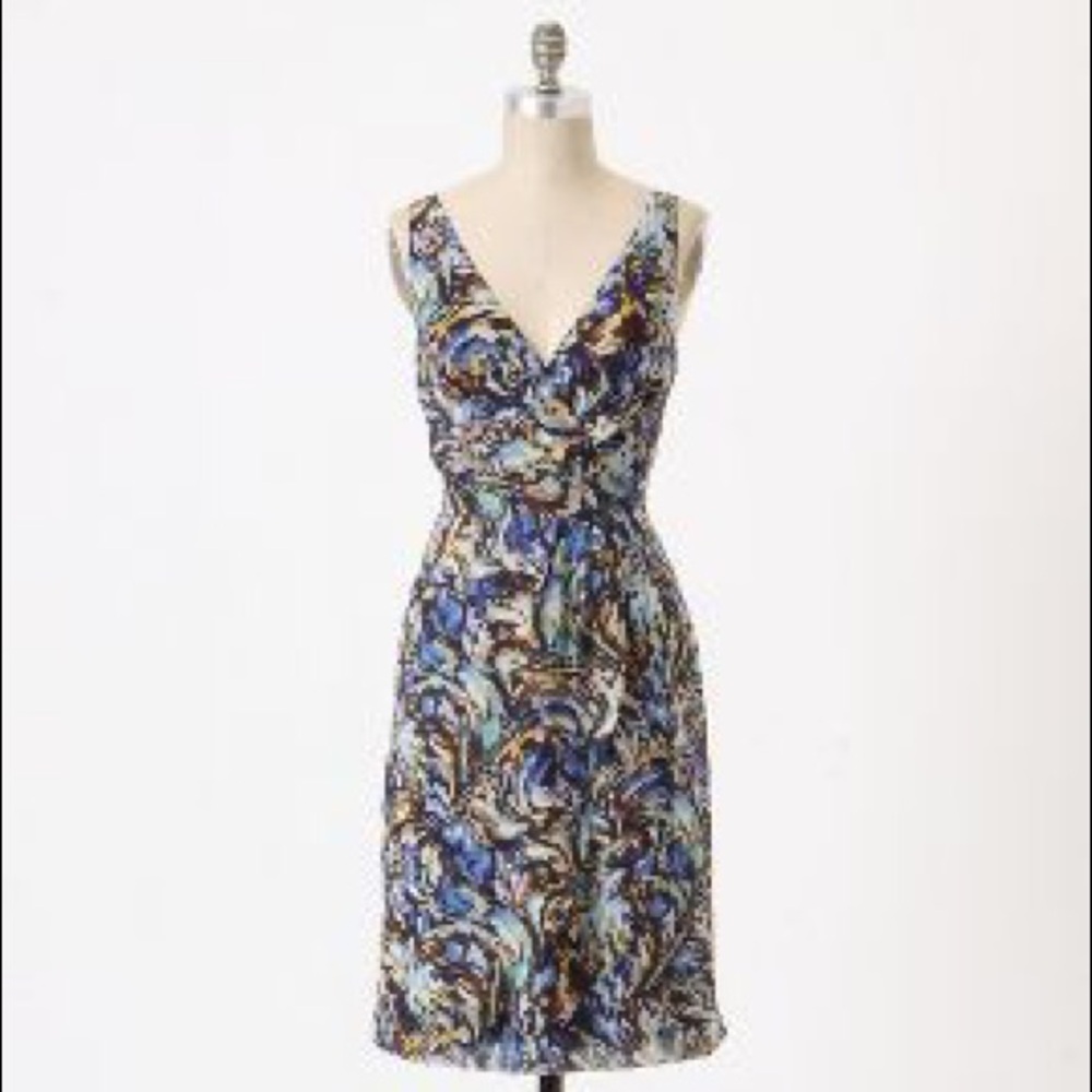 Anthropologie Blue Brown Printed V-Neck Wrap Dress